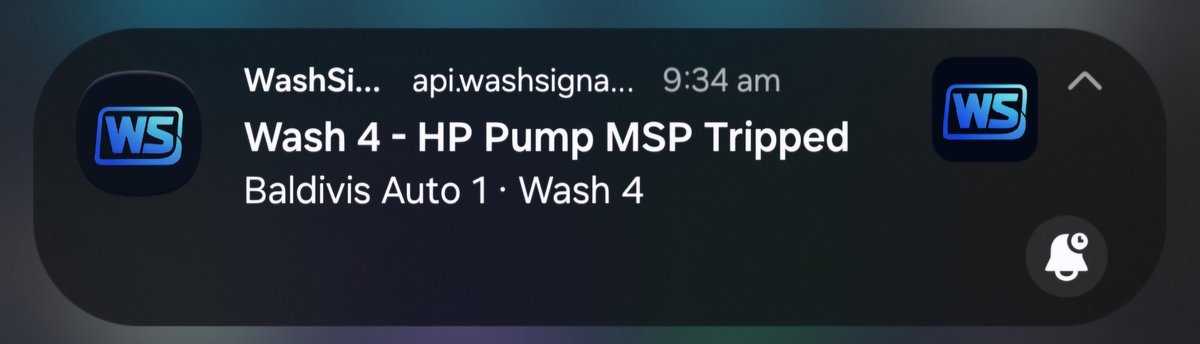 A WashSignal diagnostics alert arriving on a phone